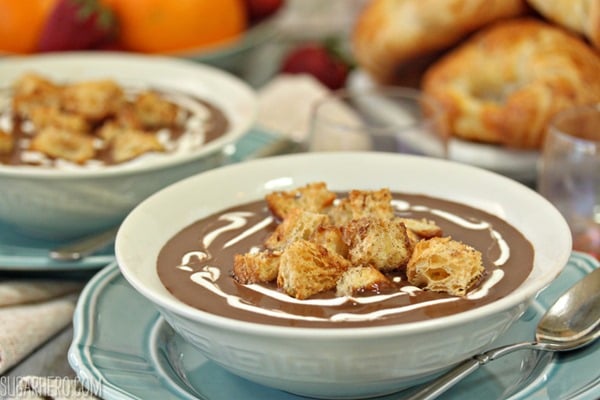 Chocolate Soup With Croissant Croutons and Whipped Creme Fraiche | From SugarHero.com Chocolate Soup With Croissant Croutons and Whipped Creme Fraiche | From SugarHero.com