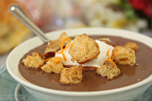 Chocolate Soup With Croissant Croutons and Whipped Creme Fraiche | From SugarHero.com