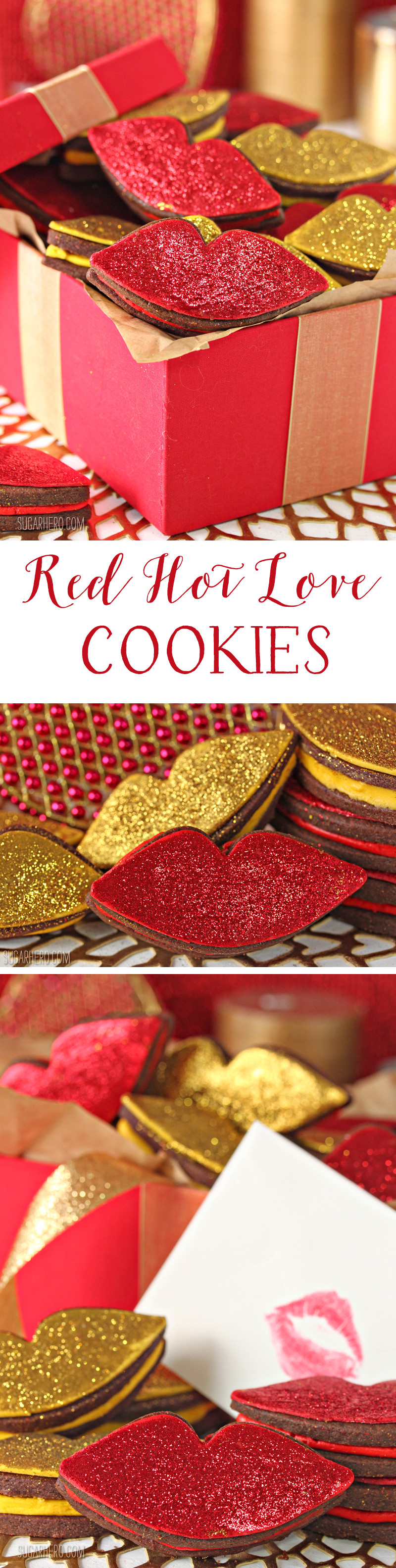 Red Hot Love Cookies - rich chocolate cookies sandwiching a spicy cinnamon buttercream, and finished with gorgeous glittery decorations! | From SugarHero,com