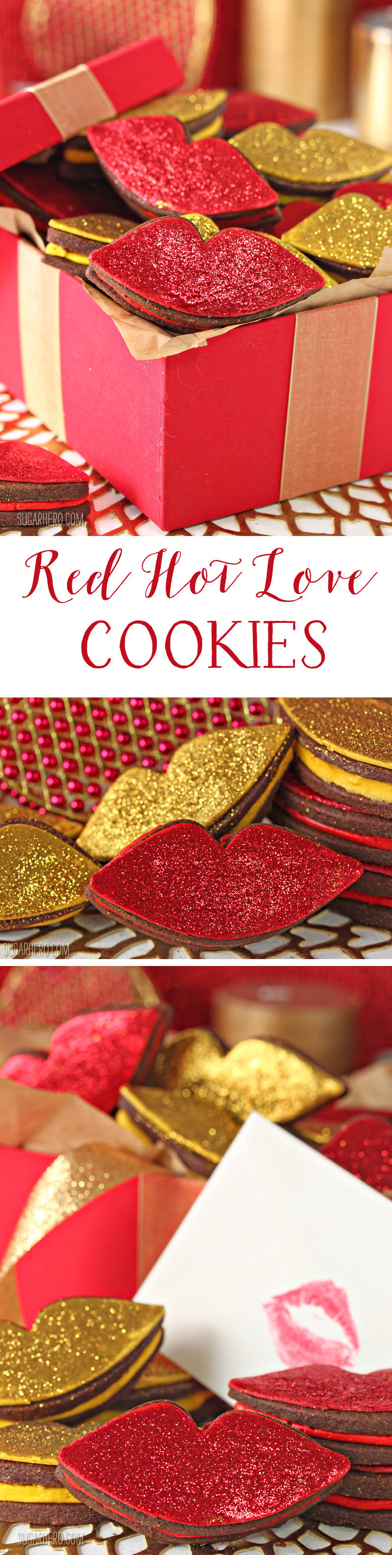 Red Hot Love Cookies - rich chocolate cookies sandwiching a spicy cinnamon buttercream, and finished with gorgeous glittery decorations! | From SugarHero,com