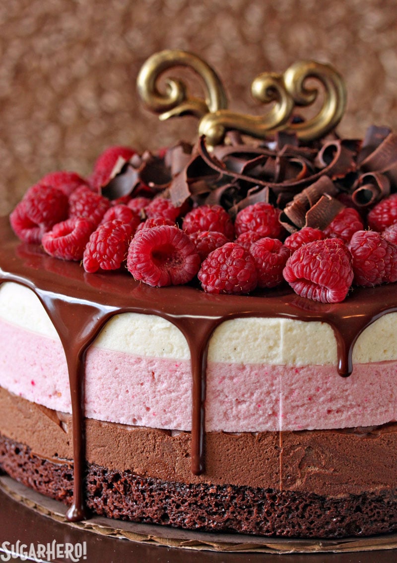 Chocolate Raspberry Mousse Cake -A close up shot of the raspberries and toppings on the cake. | From SugarHero.com