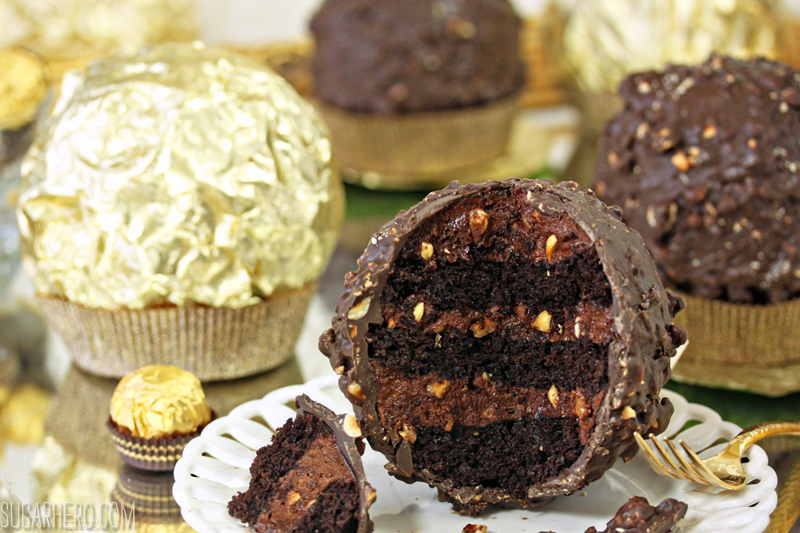 Giant Ferrero Rocher Hazelnut Mousse Cakes - full of chocolate cake and hazelnut mousse! | From SugarHero.com