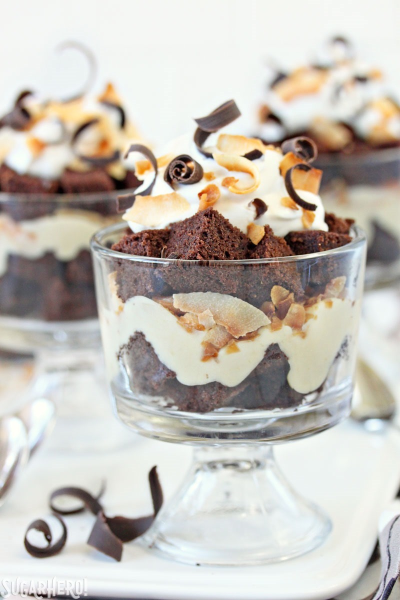 Toasted Coconut Chocolate Trifles | From SugarHero.com