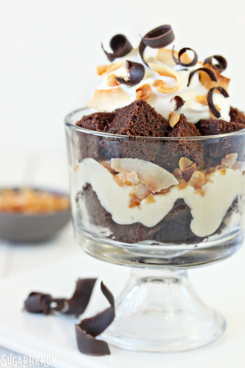 Toasted Coconut Chocolate Trifles | From SugarHero.com