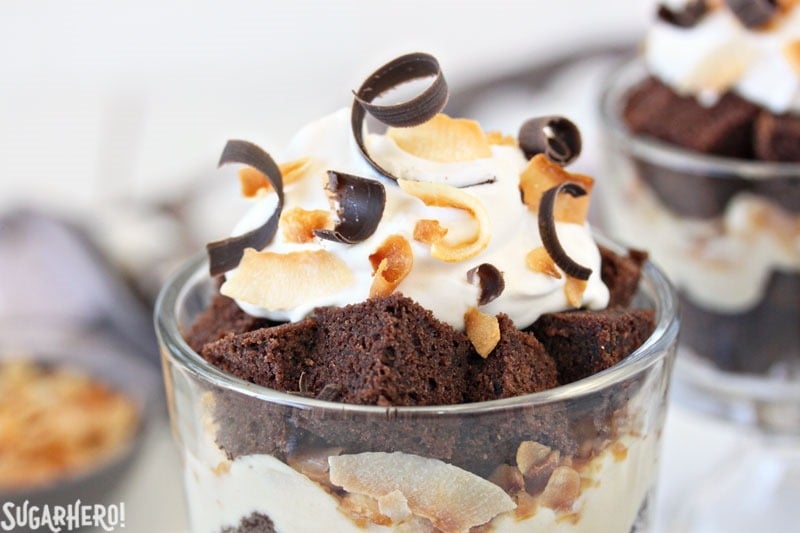 Toasted Coconut Chocolate Trifles | From SugarHero.com