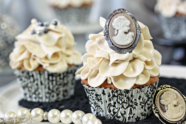 Close up of an Earl Grey Lavender Cupcake.