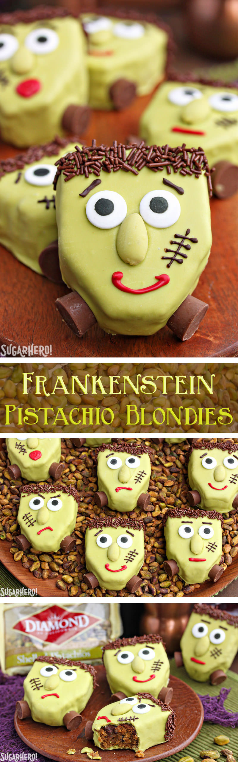 Frankenstein Pistachio Blondies | From SugarHero.com