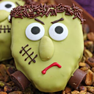 Close up of an angry Frankenstein Pistachio Blondie.