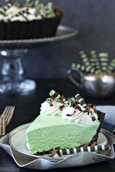 A slice of Fresh Mint Grasshopper Pie on a small white plate.