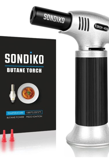 Butane kitchen torch against a white background.