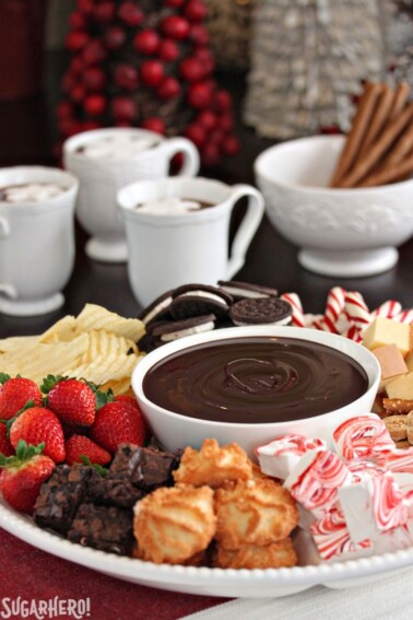 A bowl of Dark Chocolate Fondue surrounded by dippables.