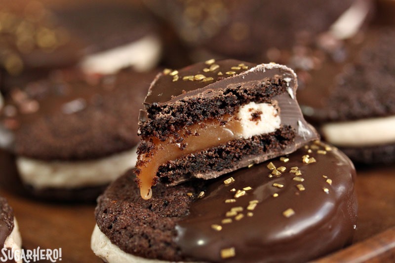 Spicy Chocolate Caramel Sandwich Cookies | From SugarHero.com