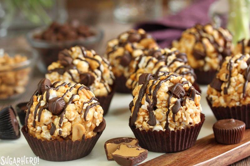 Peanut Butter Cup Popcorn Balls | From SugarHero.com