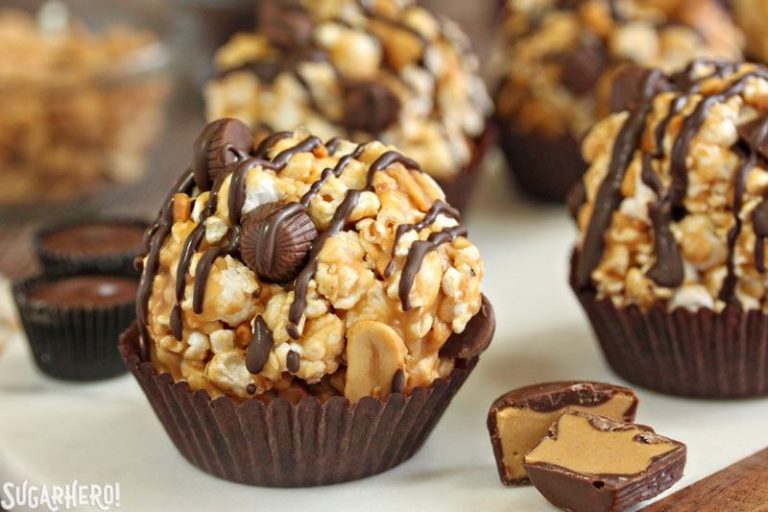 Peanut Butter Cup Popcorn Balls SugarHero