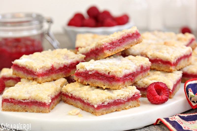Raspberry Rhubarb Almond Bars | From SugarHero.com