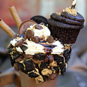 Close up of the top of an Epic Chocolate Peanut Butter Milkshake.