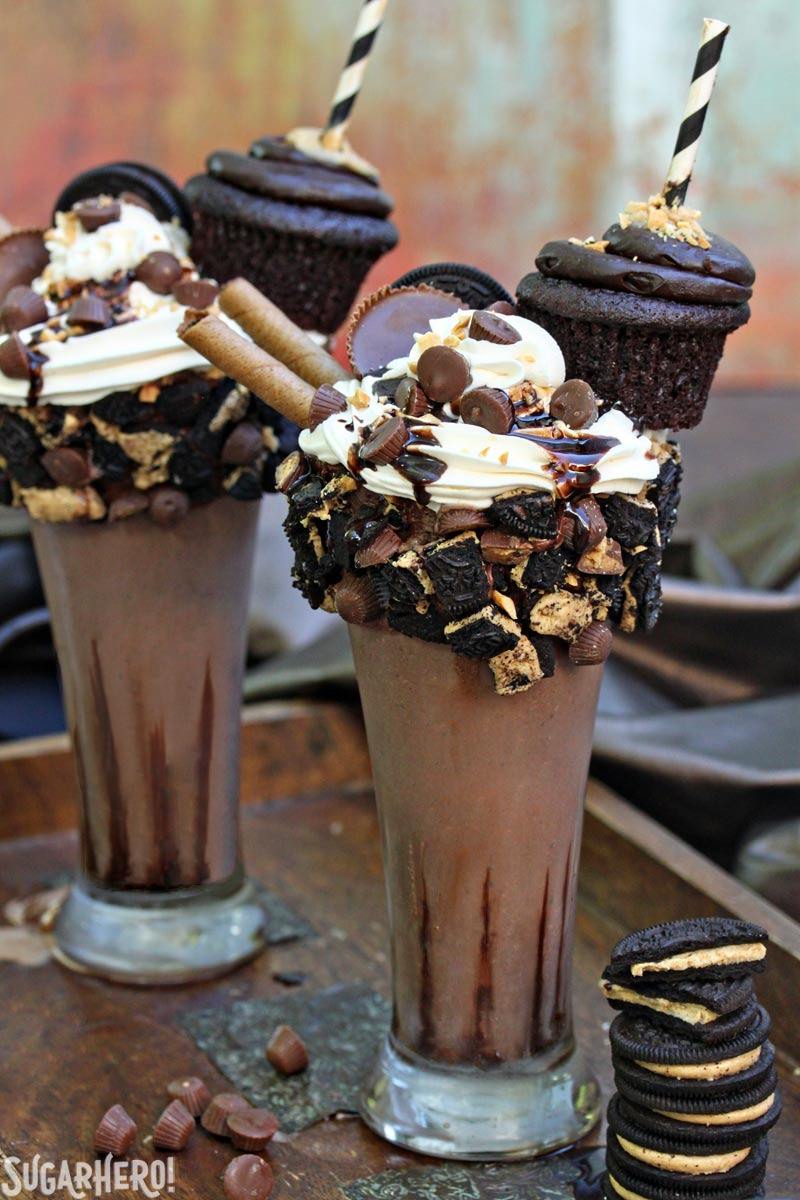 Epic Chocolate Peanut Butter Milkshakes | From SugarHero.com