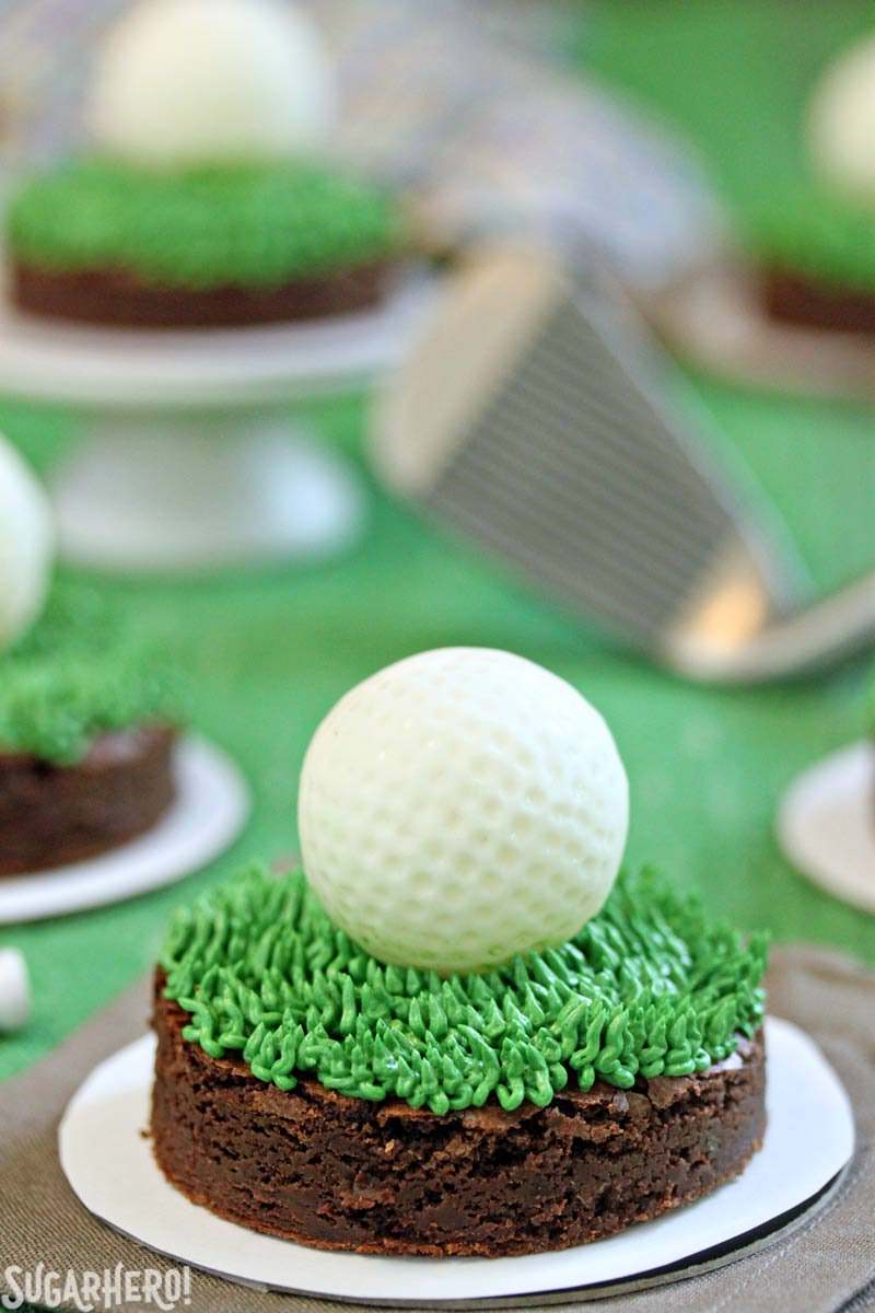 Golf Ball Truffles and Putting Green Brownies - white chocolate rum truffles that look just like golf balls! Put them on "putting green" brownies to make the cutest dessert. | From SugarHero.com Golf Ball Truffles and Putting Green Brownies | From SugarHero.com