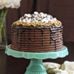 Rocky Road Layer Cake on an aqua colored cake platter.