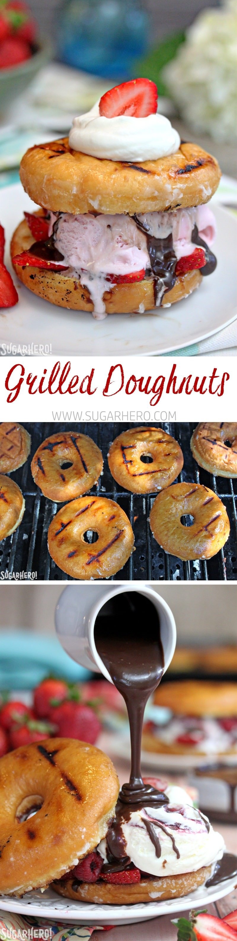 Grilled Doughnuts - toasty, caramelized grilled doughnuts topped with ice cream and fudge sauce! Learn how delicious doughnuts can be! | From SugarHero.com Grilled Doughnuts | From SugarHero.com