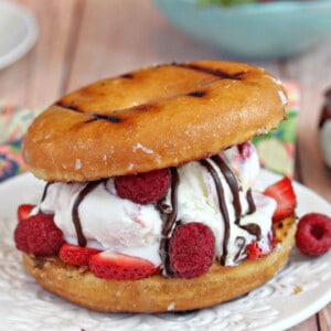 Grilled Doughnuts with ice cream, fresh fruit and fudge sauce.