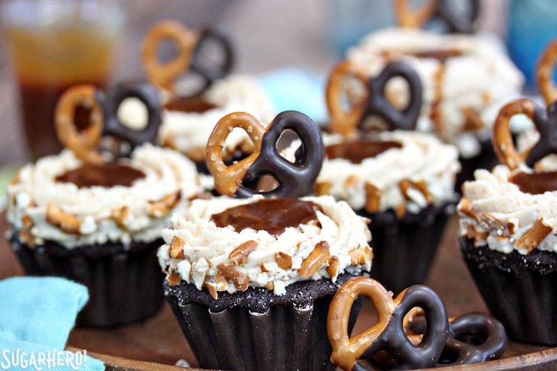 Chocolate-Dipped Pretzel Cupcakes with Pretzel Frosting and Salted Caramel | From SugarHero.com