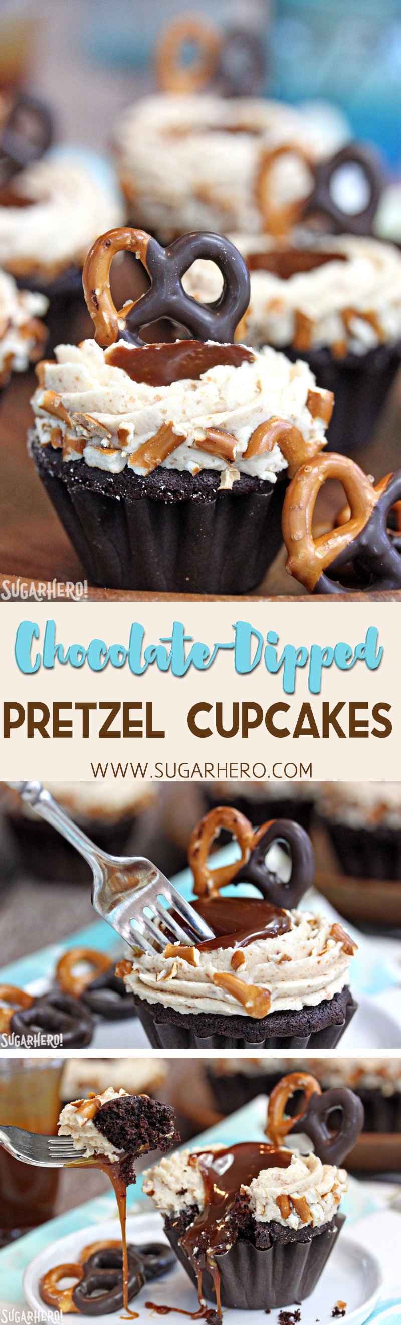 These delicious Chocolate-Dipped Pretzel Cupcakes have a moist chocolate cake, sweet-and-salty pretzel frosting, and a scoop of salted caramel in the center! | From SugarHero.com Chocolate-Dipped Pretzel Cupcakes with Pretzel Frosting and Salted Caramel | From SugarHero.com