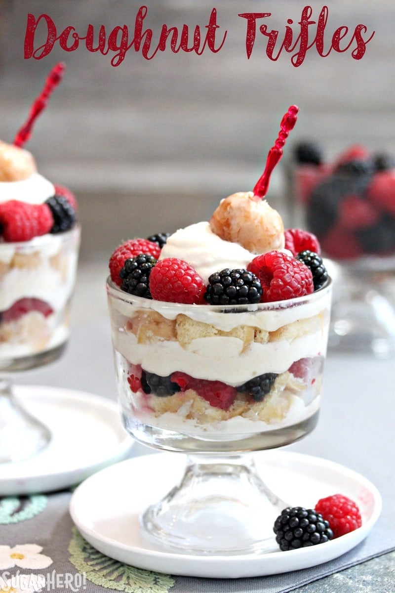 Doughnut Trifles - the BEST way to make a trifle! Layer doughnuts, cream, and fresh berries for a quick, easy, and delicious treat! | From SugarHero.com Doughnut Trifles | From SugarHero.com
