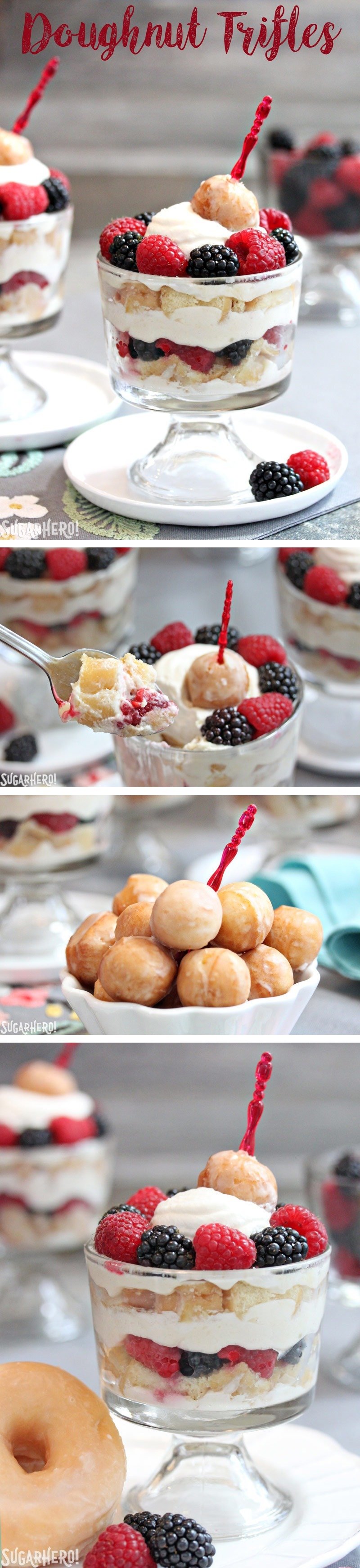 Doughnut Trifles - the BEST way to make a trifle! Layer doughnuts, cream, and fresh berries for a quick, easy, and delicious treat! | From SugarHero.com Doughnut Trifles | From SugarHero.com