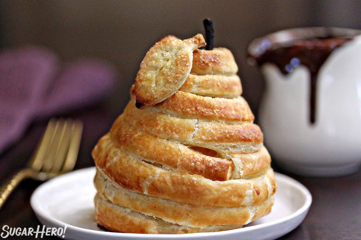 Puff Pastry-Wrapped Pears with Chocolate Espresso Sauce | From SugarHero.com