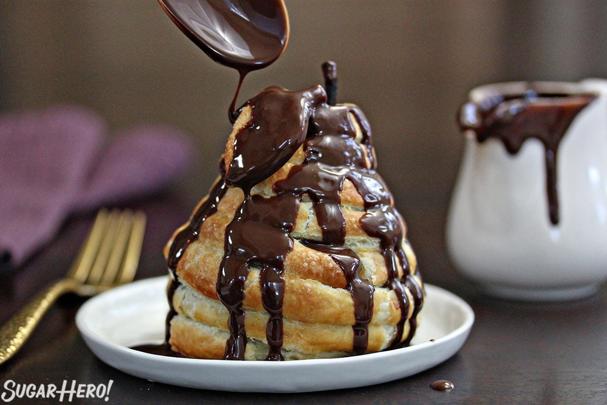 Puff Pastry-Wrapped Pears with Chocolate Espresso Sauce | From SugarHero.com