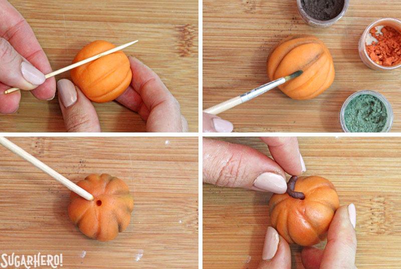 How to Make Marzipan Pumpkins for Pumpkin Chocolate Chip Cake | From SugarHero.com