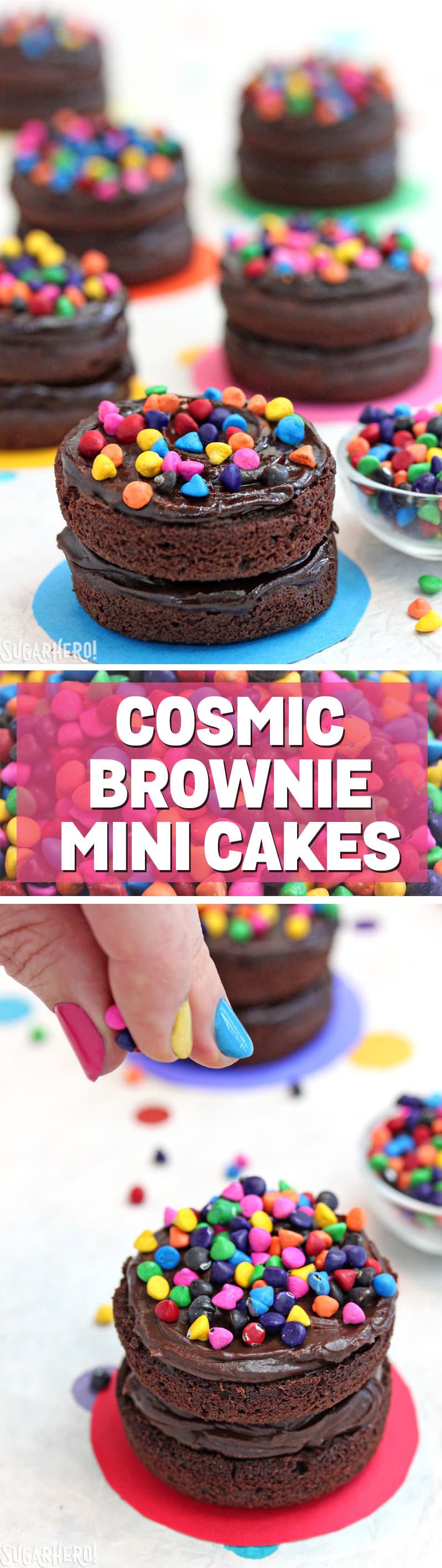 Cosmic Brownie Mini Cakes - these cute little brownie cakes are layered with rich chocolate frosting and topped with rainbow chips, just like Cosmic Brownies! | From SugarHero.com Cosmic Brownie Mini Cakes | From SugarHero.com
