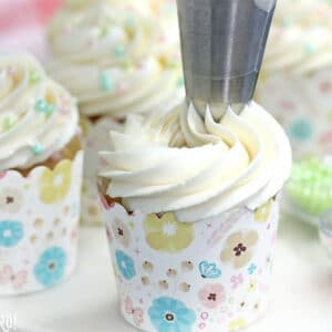 A swirl of the Easiest Swiss Meringue Buttercream being piped onto a cupcake.