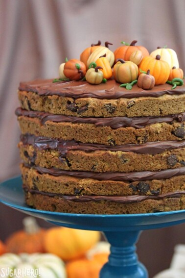 Pumpkin Chocolate Chip Cake cropped lengthwise and topped with marzipan pumpkins on a blue cake stand with pumpkins in the background.