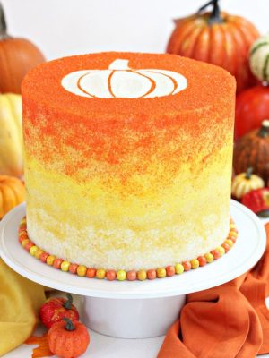 Stenciled Halloween Sprinkle Cake on a white cake stand with pumpkins in the background.