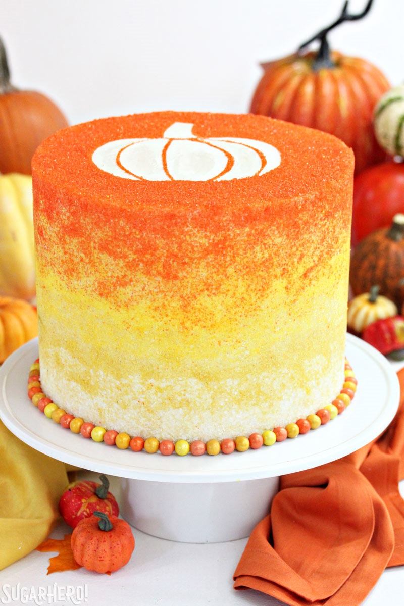 Stenciled Halloween Sprinkle Cake - a cute Halloween cake with a stenciled shape and ombre sprinkles! | From SugarHero.com Stenciled Halloween Sprinkle Cake | From SugarHero.com