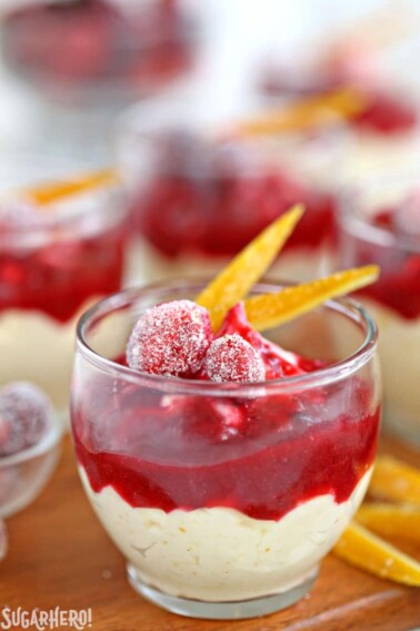 An Orange Mousse Cup with Cranberry Sauce next to orange slivers and sugared cranberries.