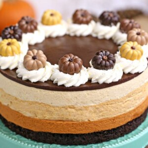 Overhead side view of the Pumpkin Chocolate Mousse Cake on a teal cake p latter.