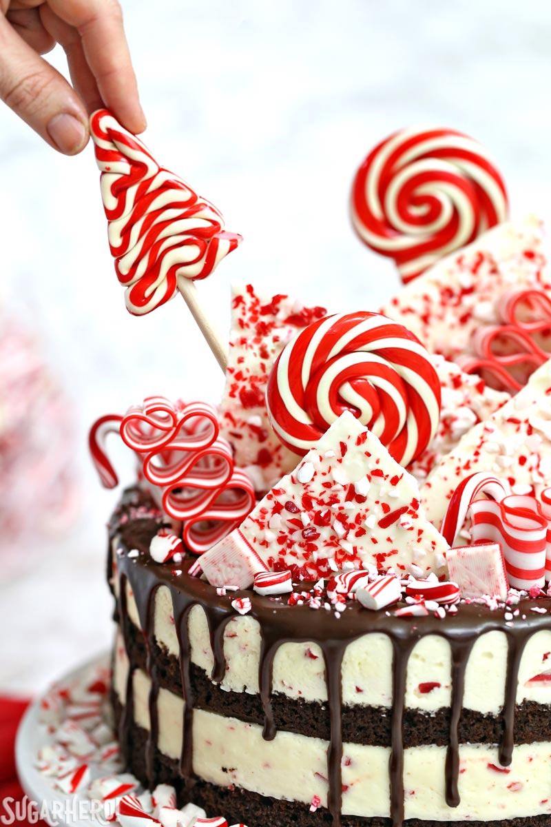 Close-up of Candy Cane Mousse Cake with a hand placing a lollipop on top