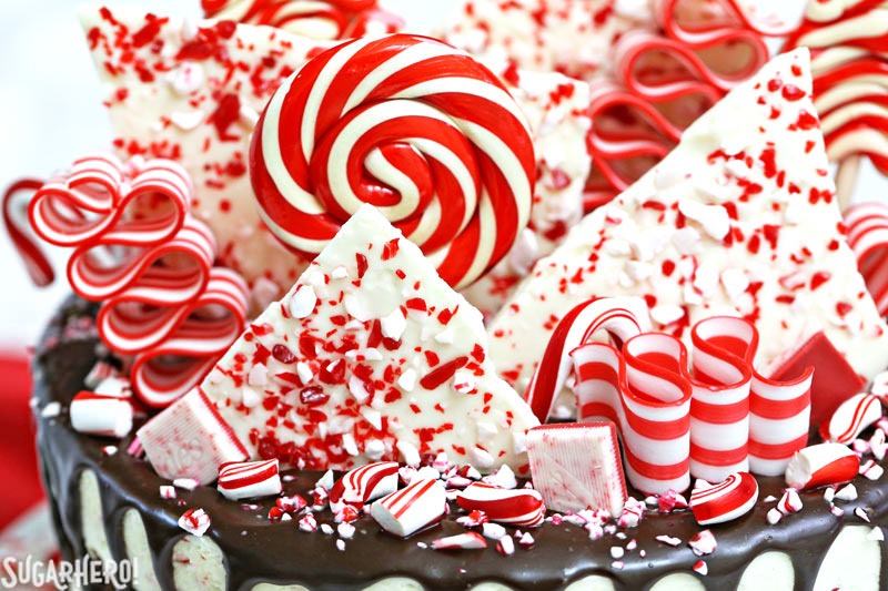 Close-up of the top of Candy Cane Mousse Cake, focusing on the red and white candy assortment
