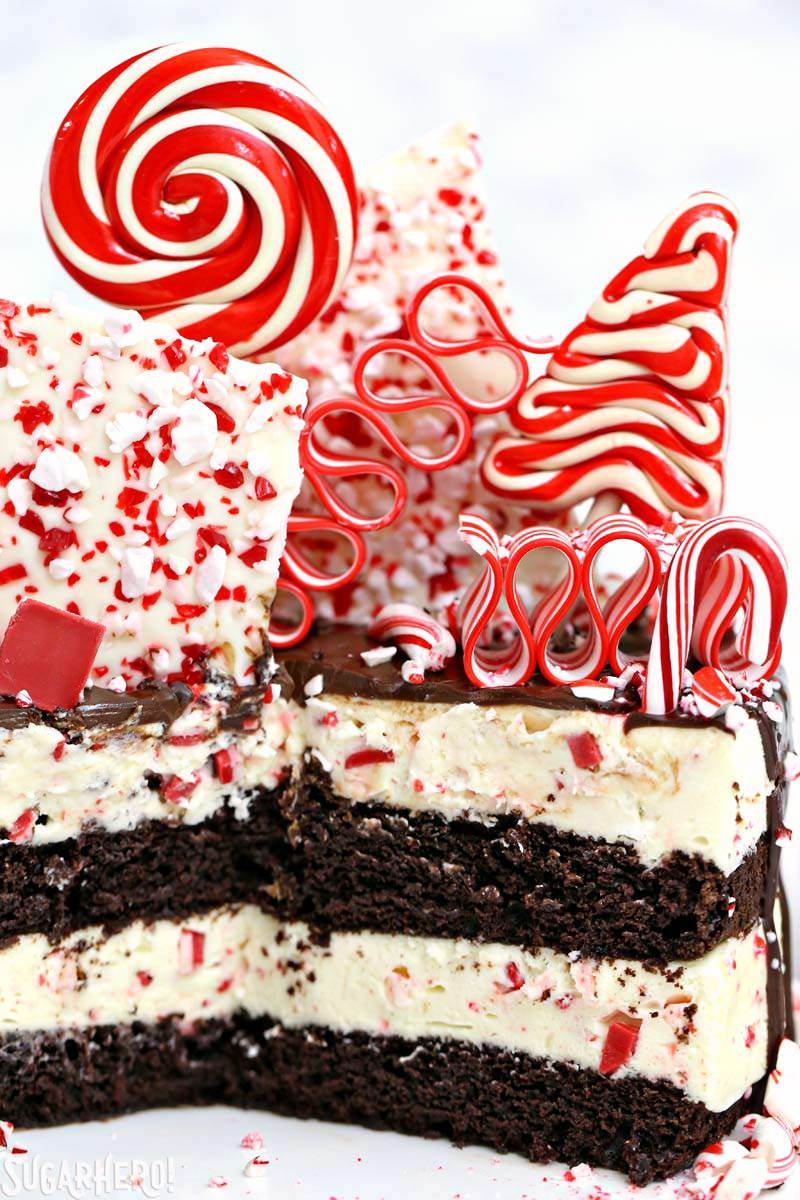 Close-up of Candy Cane Mousse Cake sliced open