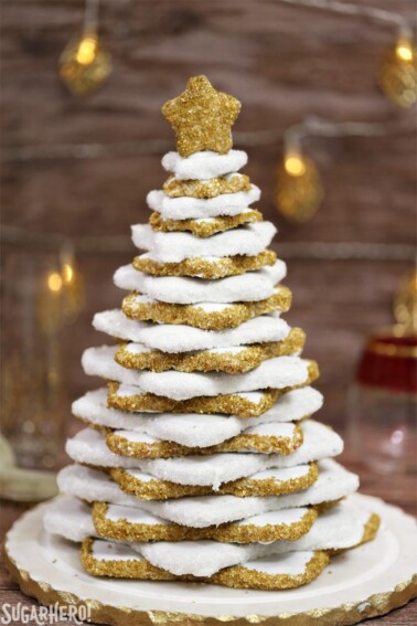 A Gingerbread Christmas Cookie Tree on a small white plate.