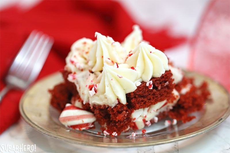 Close-up of Red Velvet Trifle served on a silver-rimmed plate