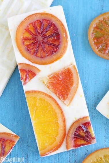 Bottom of a Candied Orange White Chocolate Bar showing the oranges.