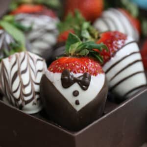 Chocolate Covered Strawberries in a brown box.