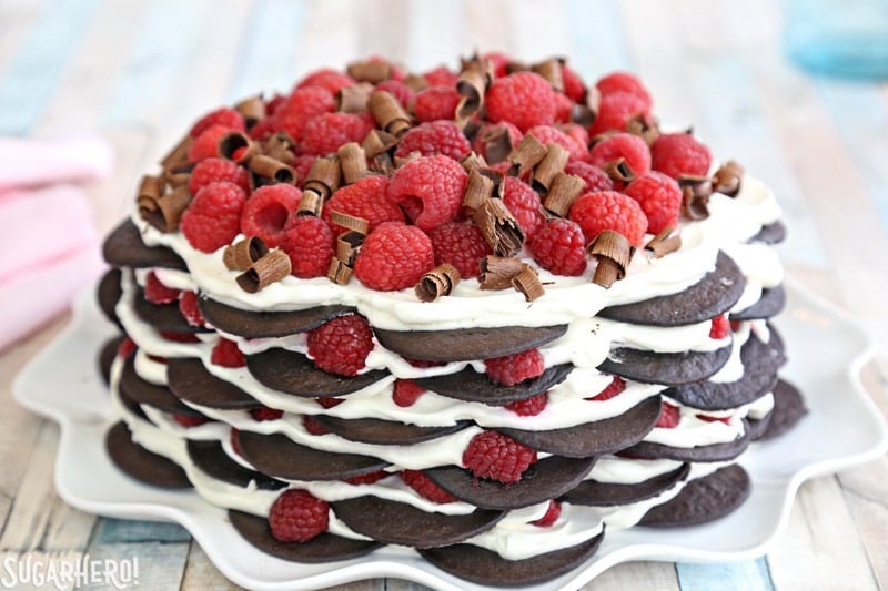 Chocolate Raspberry No-Bake Cake - an easy icebox cake made with just 6 ingredients! | From SugarHero.com