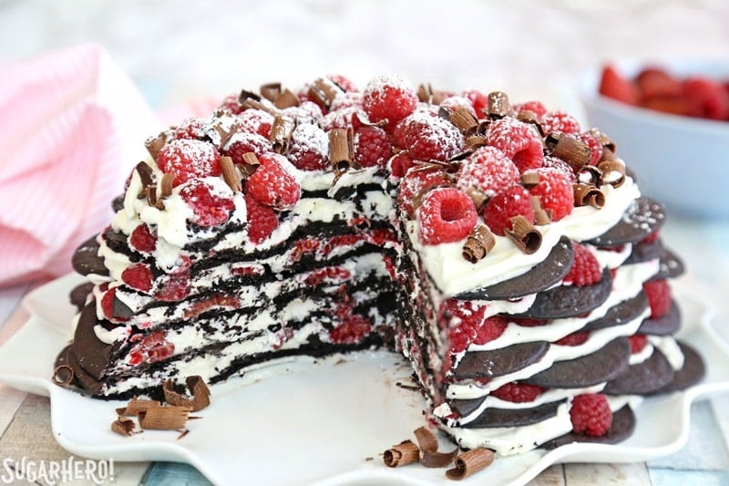 Chocolate Raspberry No-Bake Cake - an easy icebox cake made with just 6 ingredients! | From SugarHero.com