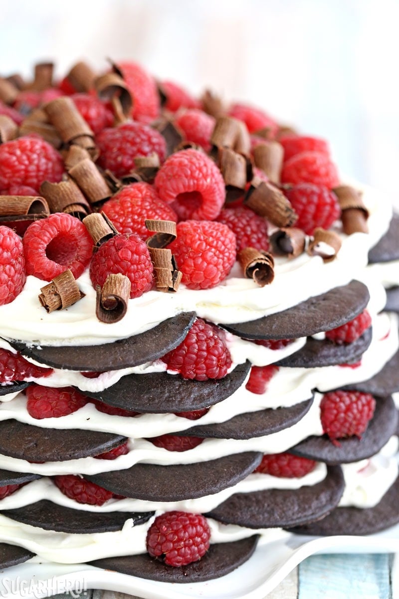 Chocolate Raspberry No-Bake Cake - an easy icebox cake made with just 6 ingredients! | From SugarHero.com