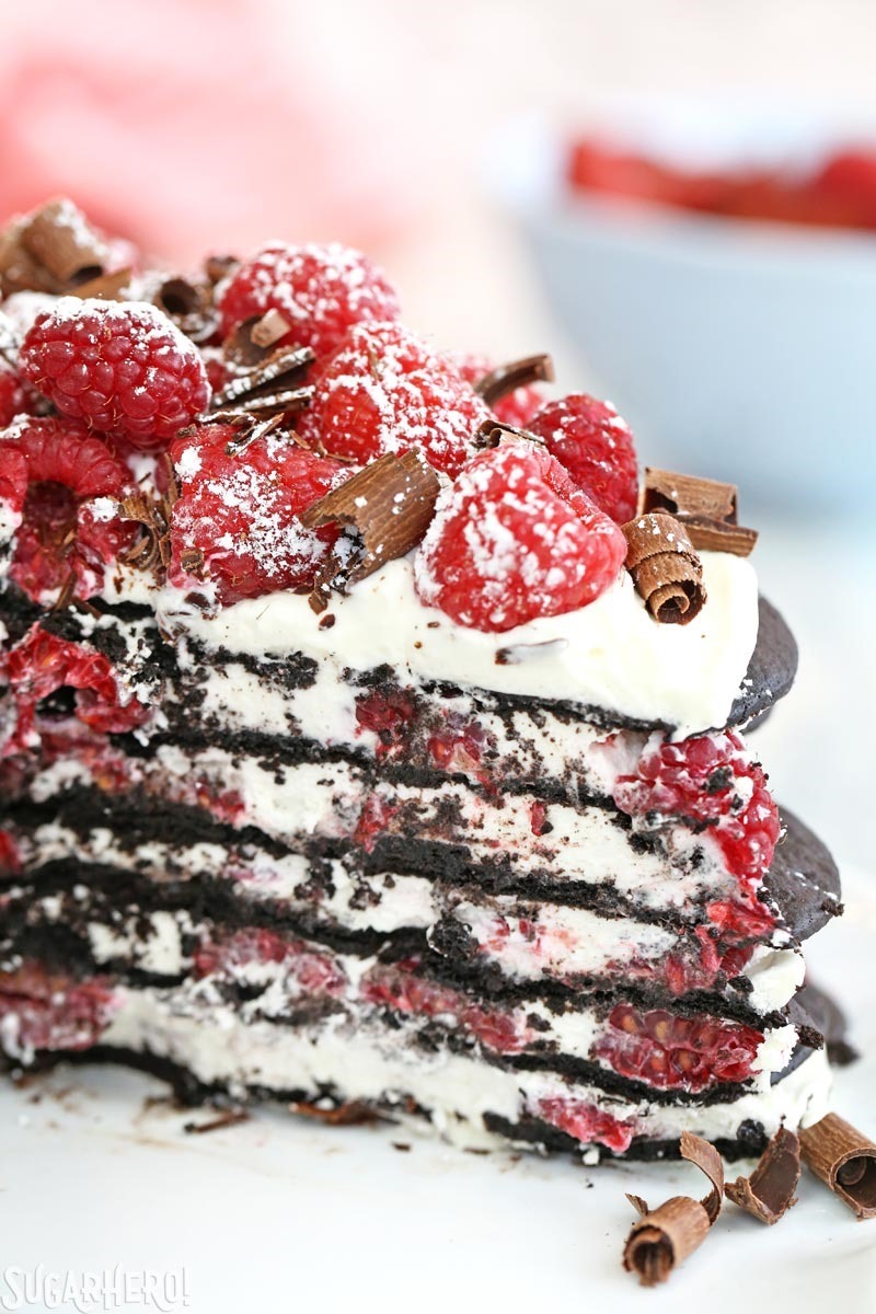 Chocolate Raspberry No-Bake Cake - an easy icebox cake made with just 6 ingredients! | From SugarHero.com